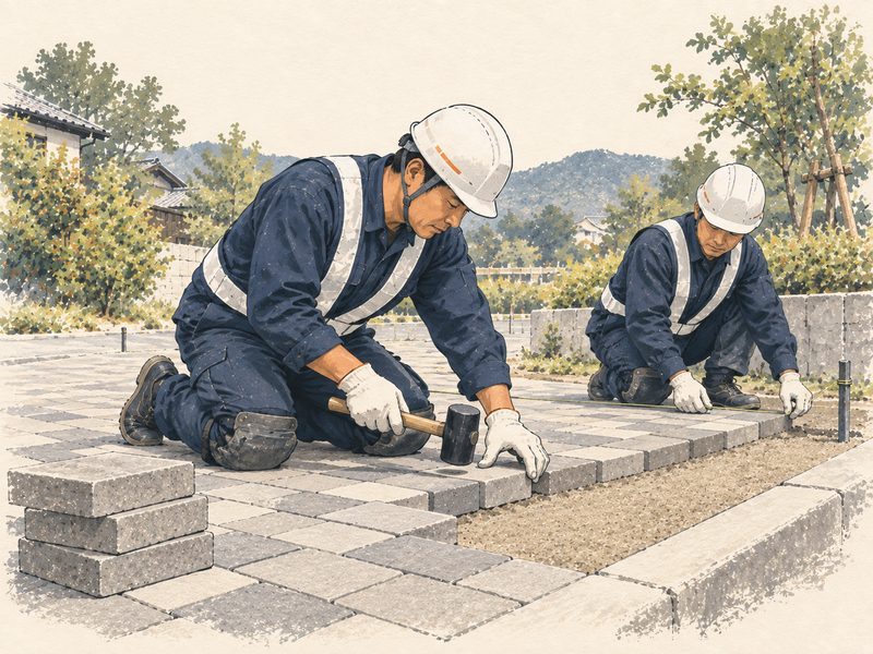 ブロック舗装工事の施工現場